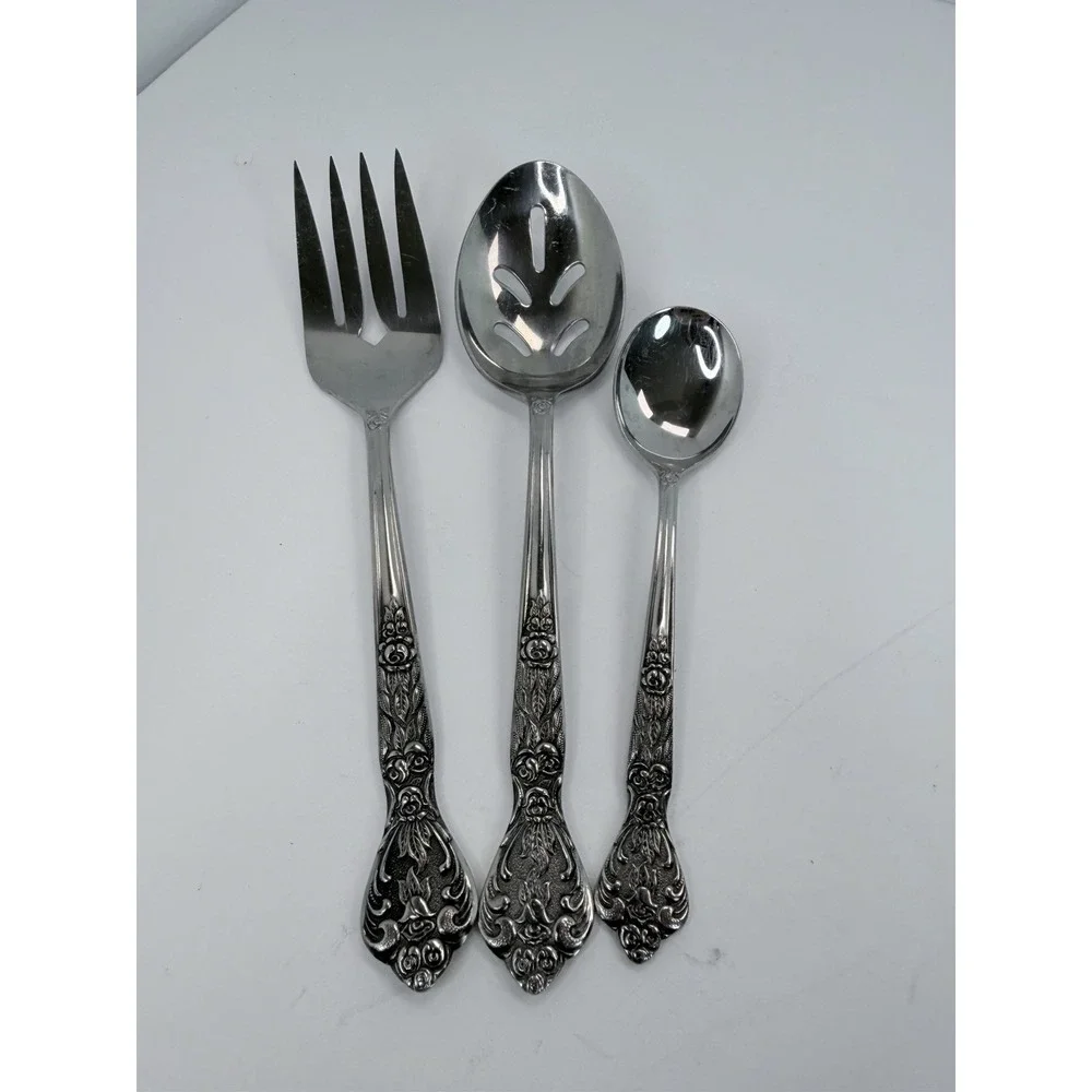 Versailles Pattern Stainless Slotted Serving Spoons Meat Fork + MSI Japan Roses